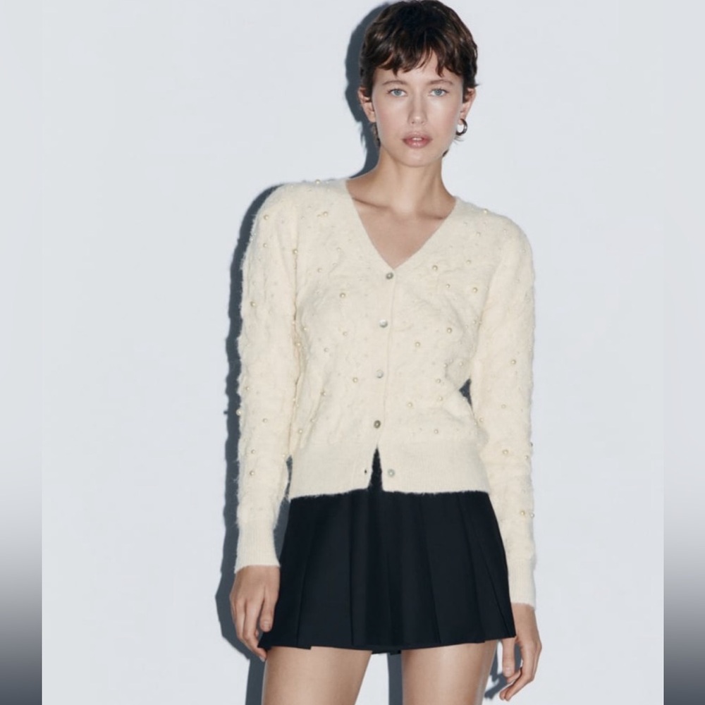 Zara PEARL TEXTURED KNIT CARDIGAN | COLOR: ECRU | SIZE: M | BRAND NEW - Picture 2 of 9